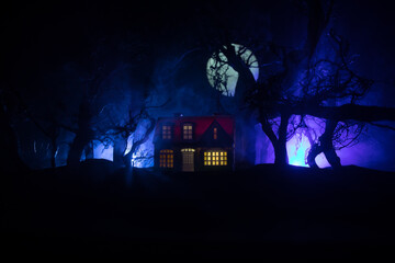 Fototapeta na wymiar Old house with a Ghost in the forest at night or Abandoned Haunted Horror House in fog. Old mystic building in dead tree forest. Trees at night with moon. Surreal lights. Horror Halloween concept