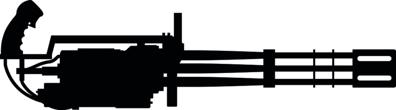Classic US Army and United States Air Force machine gun M134-A2 electric, Airsoft Gatling Gun with 6 barrels. Detailed vector illustration realistic silhouette