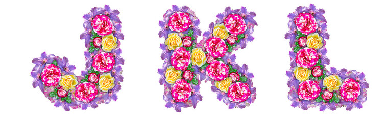 The letters J, K, L are made from a bouquet of roses of different varieties