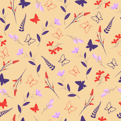 Delicate seamless pattern with beautiful flowers, butterflies, leaves, used for packaging, wallpaper, fabric, background and other products.