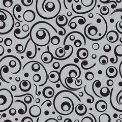 Abstract pattern in the form of rings, circles, arcs for fabric, wrapping and other products in gray and black.