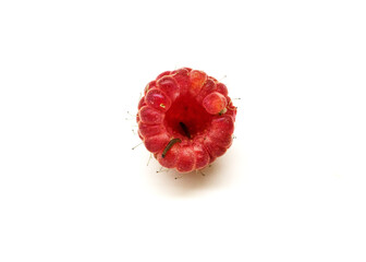 Raspberry berry with a worm isolated on white. Selective focus,