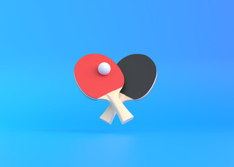 Red and black rackets for table tennis with white ball on blue background. Ping pong sports equipment. Minimal creative concept. 3d rendering illustration - obrazy, fototapety, plakaty