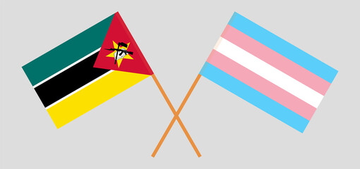Crossed flags of Mozambique and transgender pride. Official colors. Correct proportion