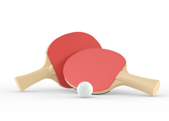 Red rackets for table tennis with white ball isolated on white background. Ping pong sports equipment. Minimal creative concept. 3d rendering illustration - obrazy, fototapety, plakaty