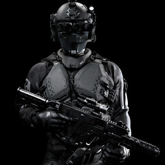 Portrait of a masked futuristic tactical armored soldier with a black background. 3d rendering  © Digital Storm