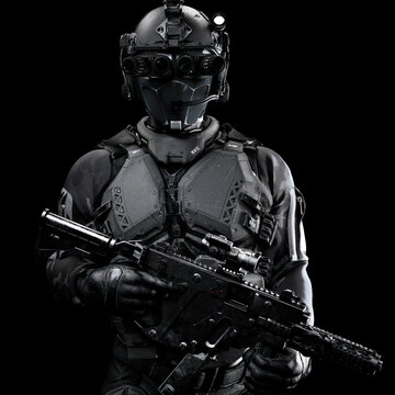 Portrait of a masked futuristic tactical armored soldier with a black background. 3d rendering

