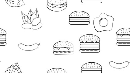 Black and white endless seamless pattern of a set of food items and snacks icons for a restaurant bar cafe: burger, pistachios, egg, cheese, cucumber. The background