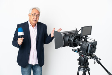 Reporter Middle age Brazilian man holding a microphone and reporting news isolated on white background having doubts while raising hands