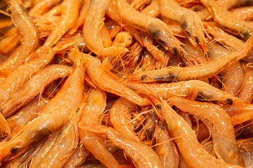 Gambas frescas en el mercado.