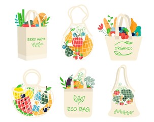 Set of eco shopping bags with vegetables, fruits and healthy drinks. Dairy food in reusable eco friendly shopper net. Zero waste, plastic free concept. Flat trendy design