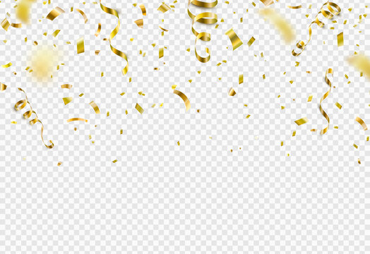 Falling gold confetti, serpentine ribbons isolated on transparent vector background. Glitter tinsel, shiny streamer frame, border in 3d realistic style for birthday, party, carnival design