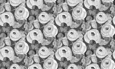 textile watercolor seamless pattern with rose flowers in black and white shades from eucalyptus branches on a dark background for a surface design
