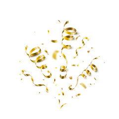 Gold confetti, serpentine ribbons isolated on white vector background. Glitter tinsel explosion in 3d realistic style for birthday, party, carnival - obrazy, fototapety, plakaty