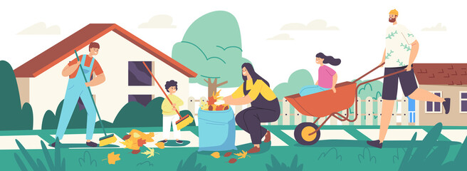 Happy Family Characters Parents and Children Cleaning Backyard Having Fun All Together, Collecting Fallen Autumn Leaves