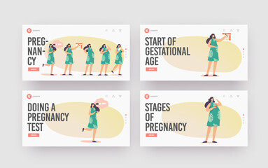 Female Pregnancy Stages Landing Page Template Set. Positive Test, Calendar Date, Growing Belly, Woman Child Delivery