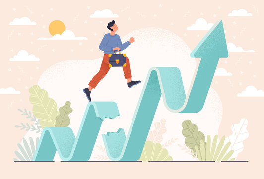 Business challenge, revenue rebound recover from economic crisis or earning and profit growth jump from bottom concept, strong businessman jumping back to top of growing bar graph. Vector illustration