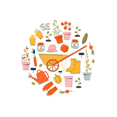 Garden instrument and items with cart, tools, vegetables in trending style. Harvest time. Vector illustration