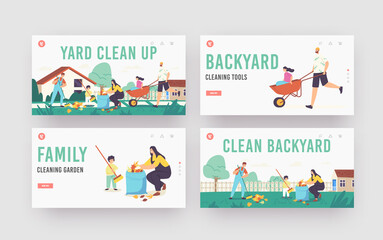 Yard Clean Up Landing Page Template Set. Family Characters Cleaning Backyard Having Fun All Together, Collecting Leaves