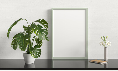 Monstera plant with frame mockup, 3D rendering