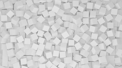 Multiple white cubes arranged randomly forming an abstract background.
