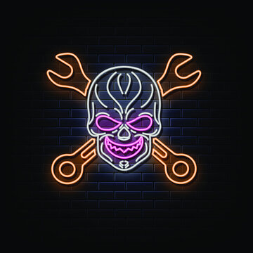 skull with wrenches neon logo, neon sign and symbol