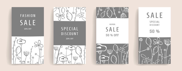 Modern vector set of banners with floral ornaments can be used as a business cards  design template. Layout for social media posting, story, mobile phone, internet, ad with copy space for text