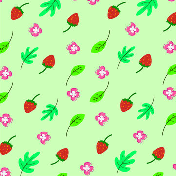 Summer pattern. Pattern with summer berries, fruits, leaves, flowers background. Beautiful colorful endless background.