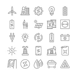 Simple Set of Isolated Energy Types Vector Line Icons. Contains such Icons as Socket, Canister, Oil Rig, Hydroelectric Power Station, Battery, Solar Cells, Light Bulb, Fossil Fuel. Editable Stroke.