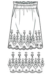 hand drawn illustration of a sketch fashion flat CAD garment skirt vector design embroidery