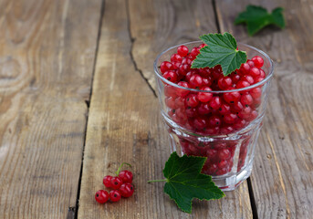 Red currant in a glass on wooden background