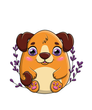 Happy little brown cartoon dog with large purple eyes and floppy ears sitting amongst flowers in spring, flat cartoon colored vector illustration isolated on white for use as a design element