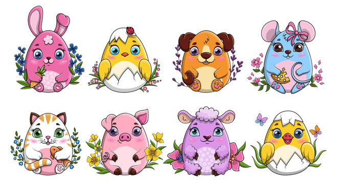 Animals easter eggs. Set of eight cute cartoon animals with spring flowers including a cat, bunny, duck, chicken, dog, mouse, sheep, pig, vector illustration isolated on white for design elements