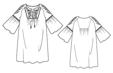 illustration of a shirt dress flat CAD embroidery hand draw fashion design vector