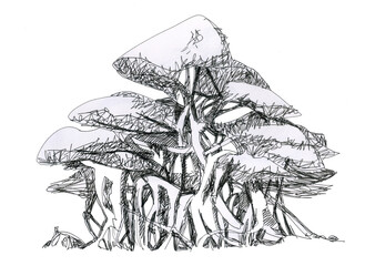 Bonsai from a small grove. Group of trees. Ink sketch.