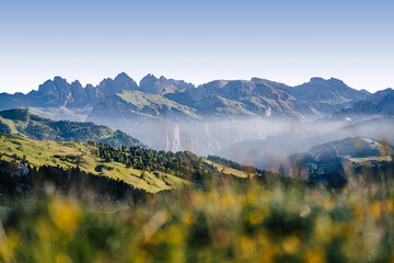 Morning sunrise view of beautiful Dolomites landscape. Sella Pass and an alpine landscape of UNESCO...