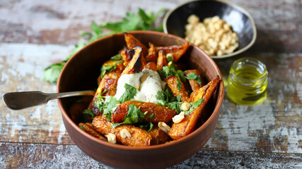 Baked carrots in a bowl with cream cheese, cilantro and nuts.