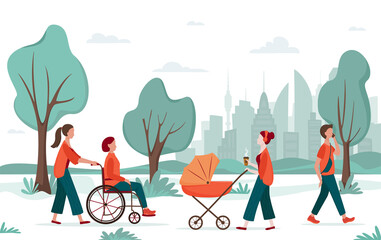 Outdoor activity. People walking in the city park. Mom with a baby carriage, woman in wheelchair with an accompanying person, young man. Urban recreation concept, diversity concept