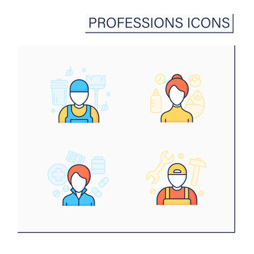 Professions color icons set. Nanny, janitor, pharmacist and handyman. Various professions. Important jobs. Career concept. Isolated vector illustrations