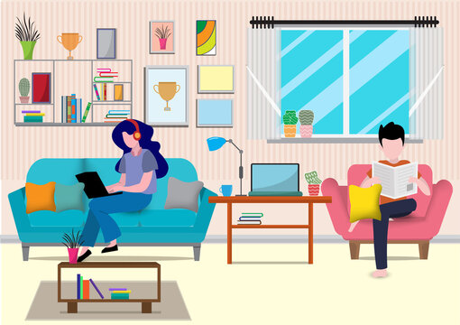 Flat design vector of man and woman doing work at the laptop computer in home.They are sitting on sofa behind computer with picture.work from home,Freelance,Vector Graphic and workplace concept.