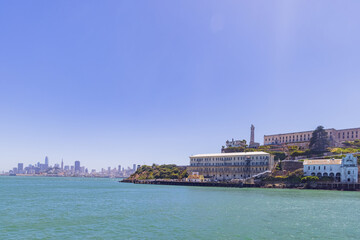 Sunny view of the Alcatraz Island and San Francisco Bay