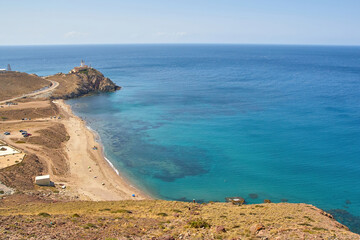 Cabo de Gata lighthouse seen on the coast of the Cabo de Gata-Nijar Natural Park.