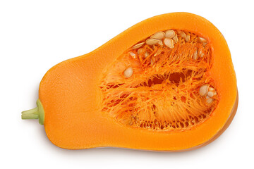 butternut squash half isolated on white background with clipping path and full depth of field. Top view. Flat lay