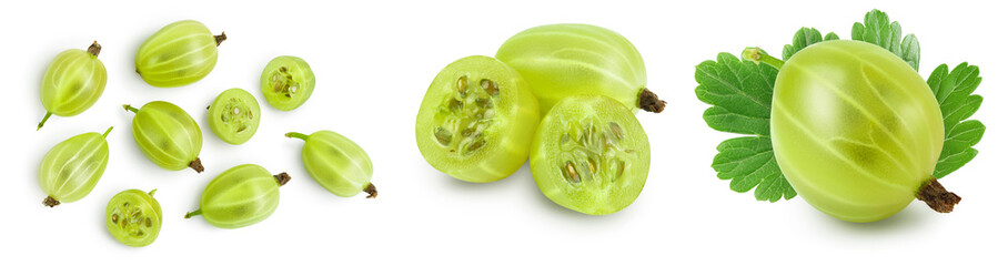 Green gooseberry isolated on white background. Set or collection