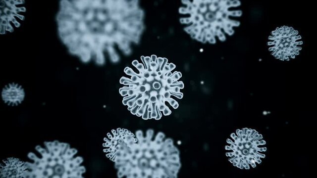 Concept of coronavirus known as COVID19 or 2019-nCov. Dark blue colored spherical virus cells are moving in black space background. Loop 3d rendering animation in 4K.