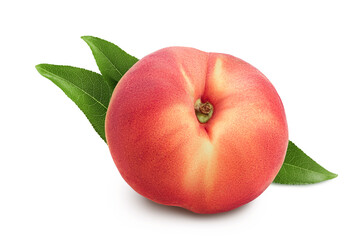 Ripe chinese flat peach fruit with leaf isolated on white background with clipping path and full...