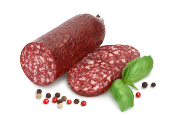 Smoked sausage salami isolated on white background with clipping path and full depth of field