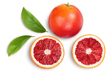 Blood red oranges isolated on white background with clipping path. Top view. Flat lay