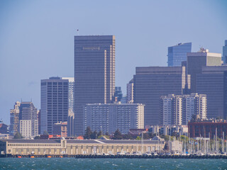 Fototapeta na wymiar Sunny view of the San Francisco skyline from Alcatraz island