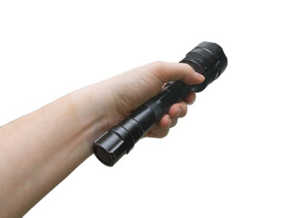 Male hand holding a black old metallic flashlight, isolated to white